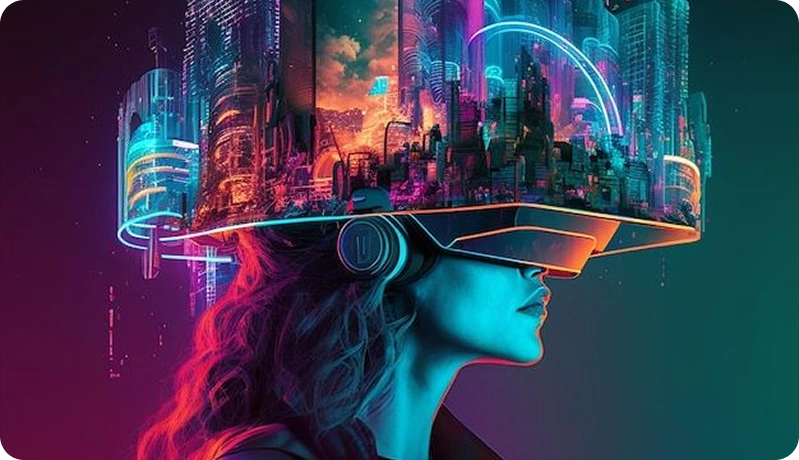 Person wearing VR headset with futuristic interface